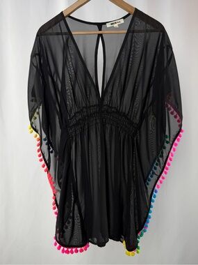 Miken Swim Sheer V Neck Coverup in Black with Multicolor Pom Pom Trim Size Small